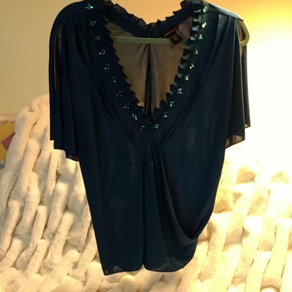 MODA International Bejeweled Deep-V Teal Blouse
